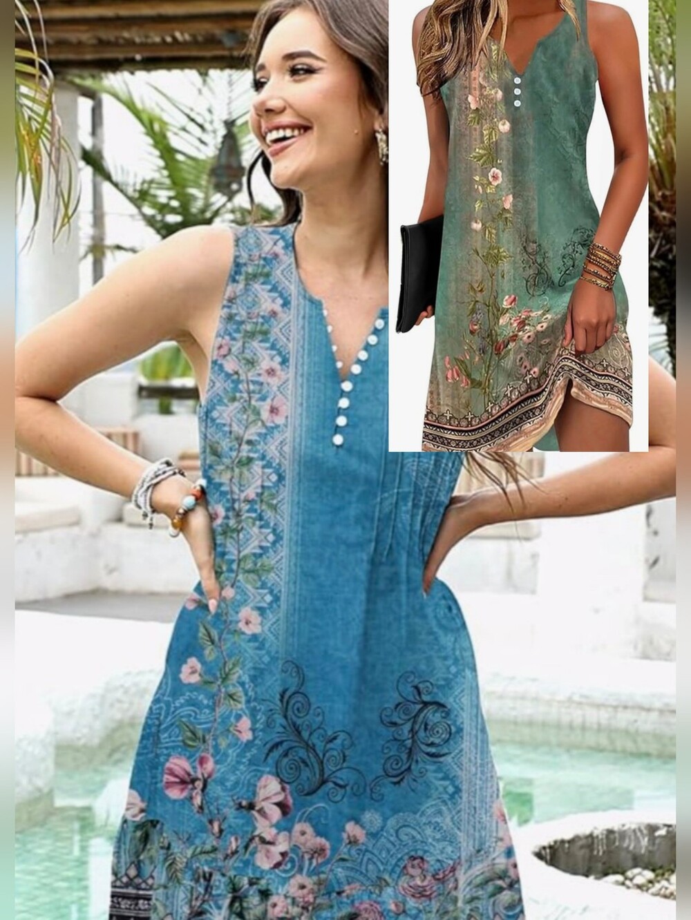 2 Floral Sleeveless Button Pleated Detail Knee Length Sundresses, Size M - Picture 1 of 16